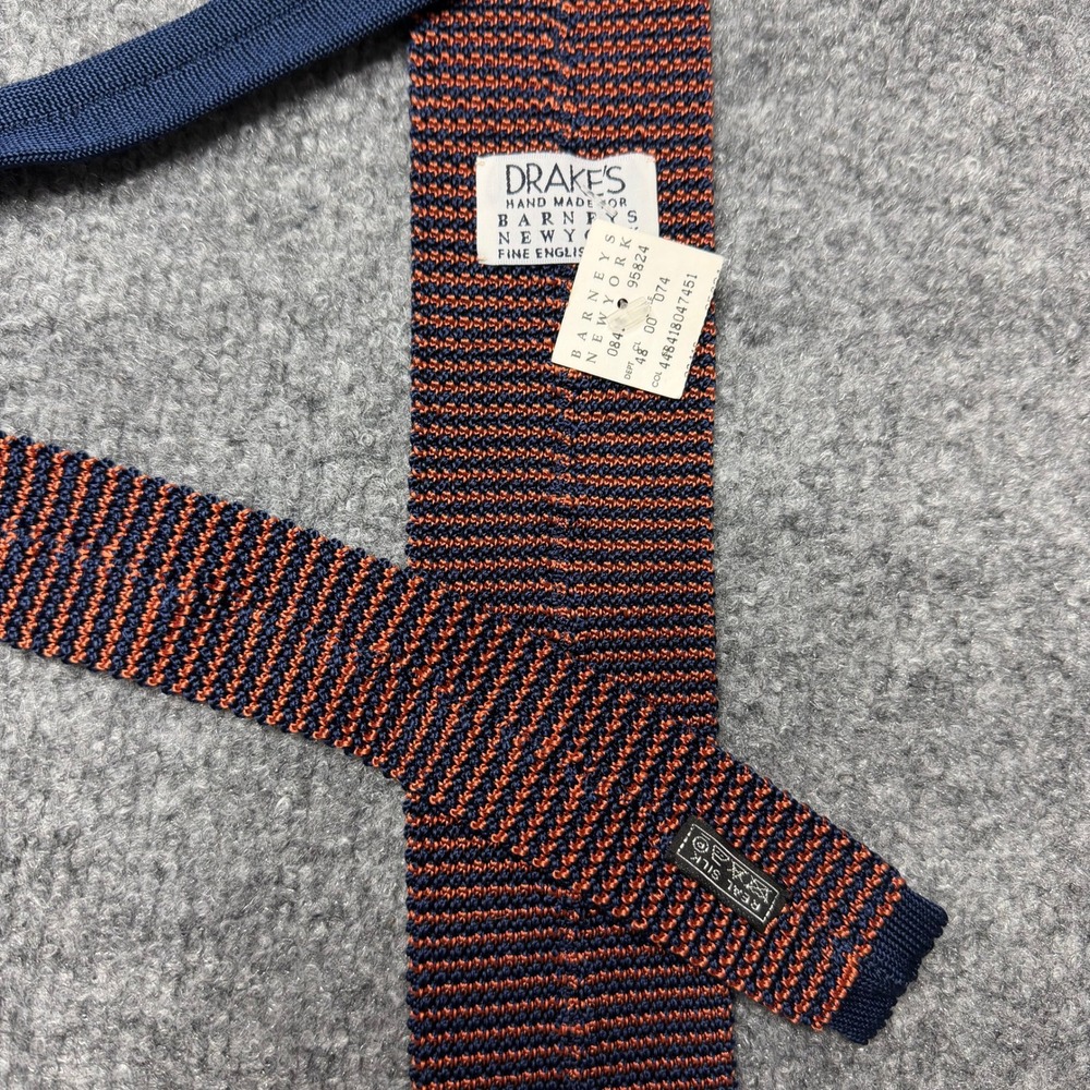 Drake's Knit Tie Mens OS Navy Orange Striped Silk Hand Made in England NWT